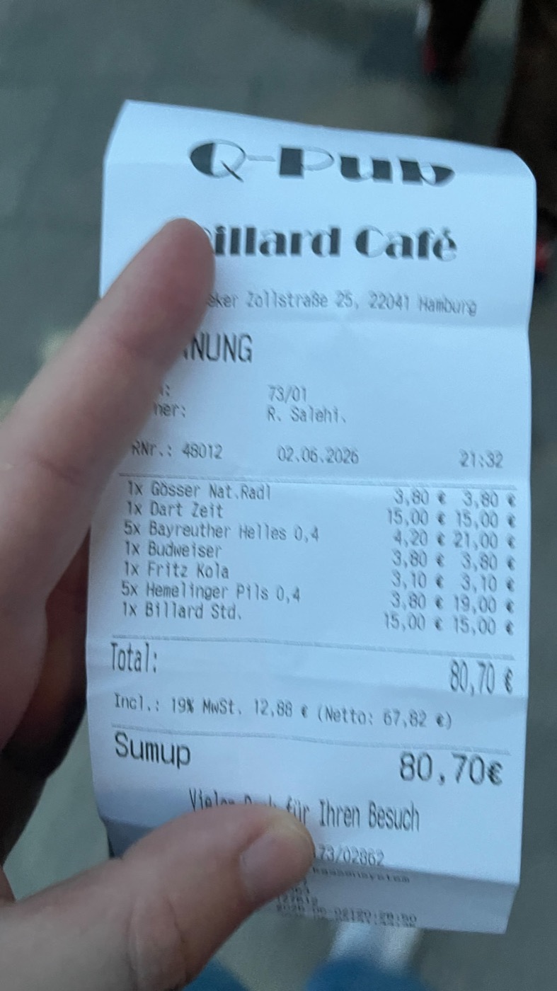Eingescannter Kassenzettel vom Billiard Cafe